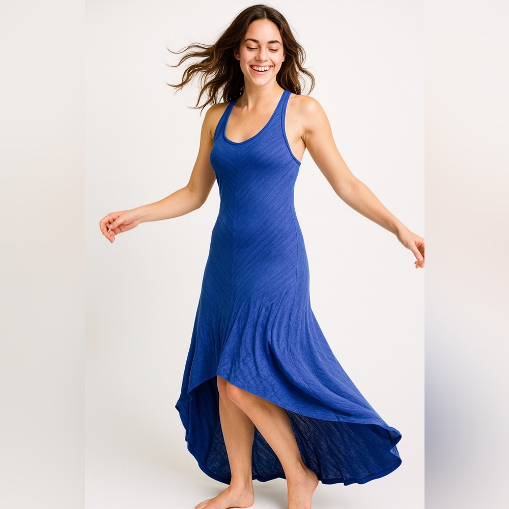 Elan Hi-Low Racerback Dress – Heather Blue & Black Print